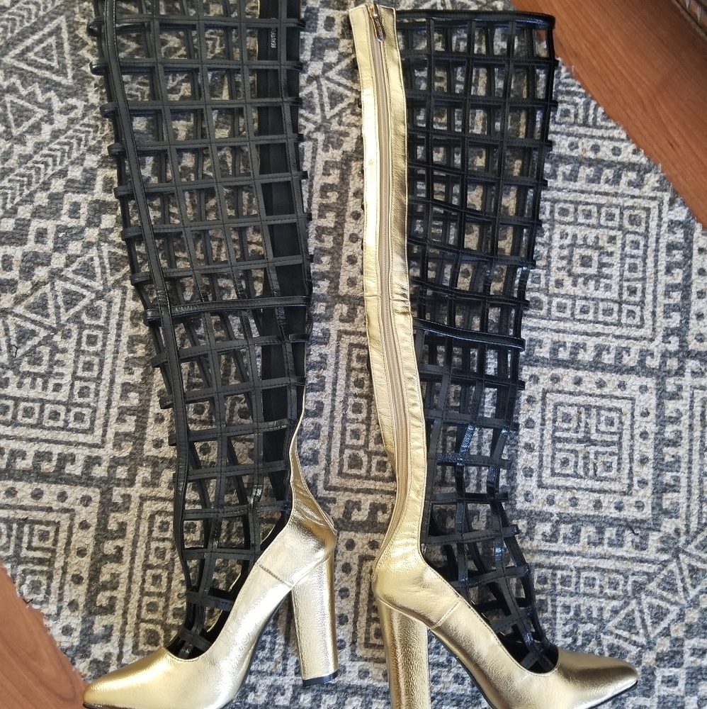 Thigh high caged boots